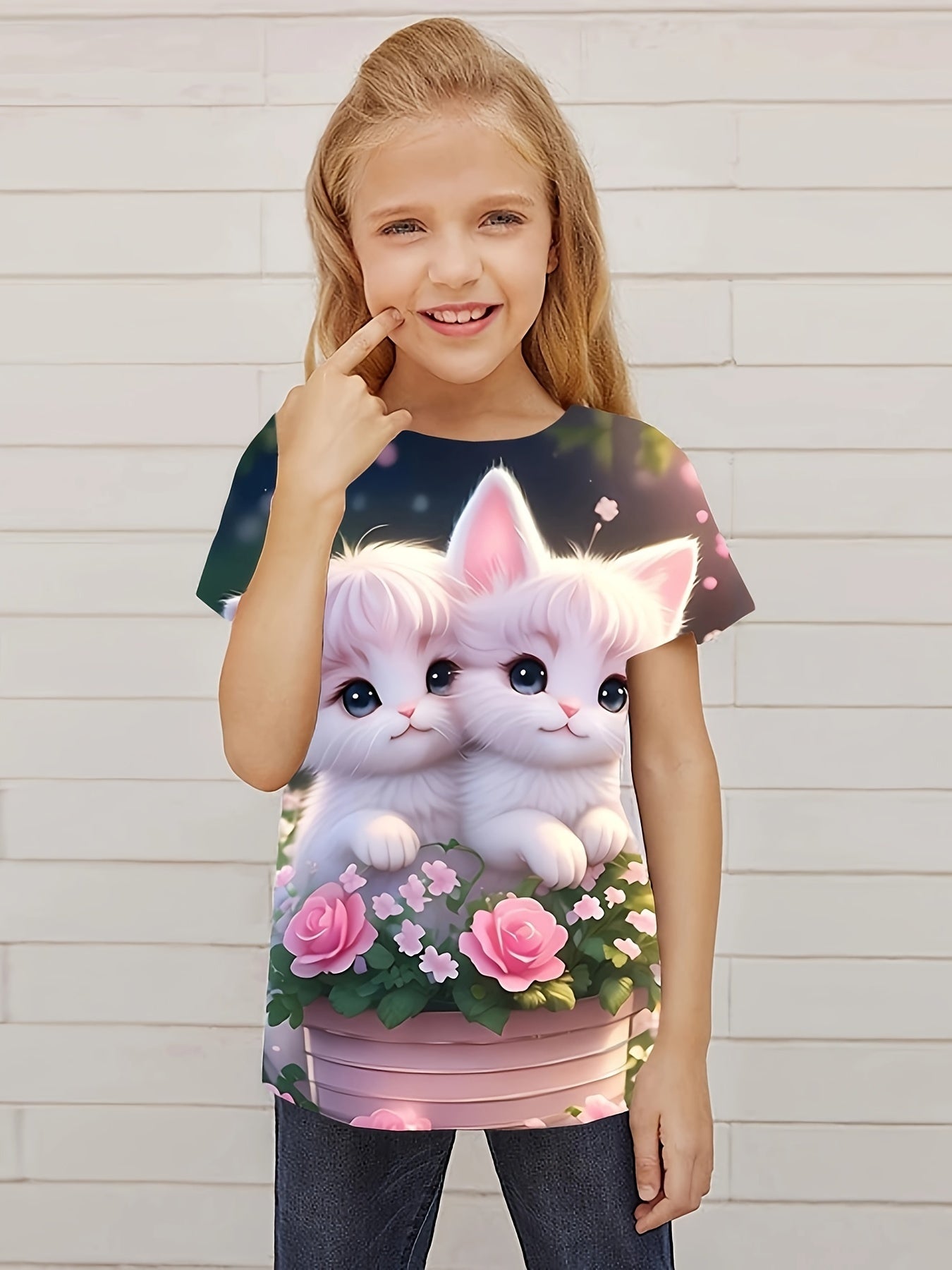 Cat & Flower Graphic Short Sleeve T shirt for Girls Summer Sports