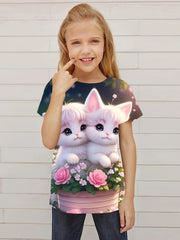 Cat & Flower Graphic Short Sleeve T shirt for Girls Summer Sports
