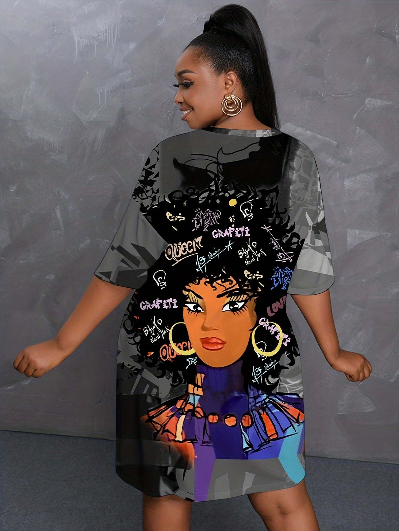 Casual Dress Women's Plus Cartoon Figure Print Short Sleeve Round Neck