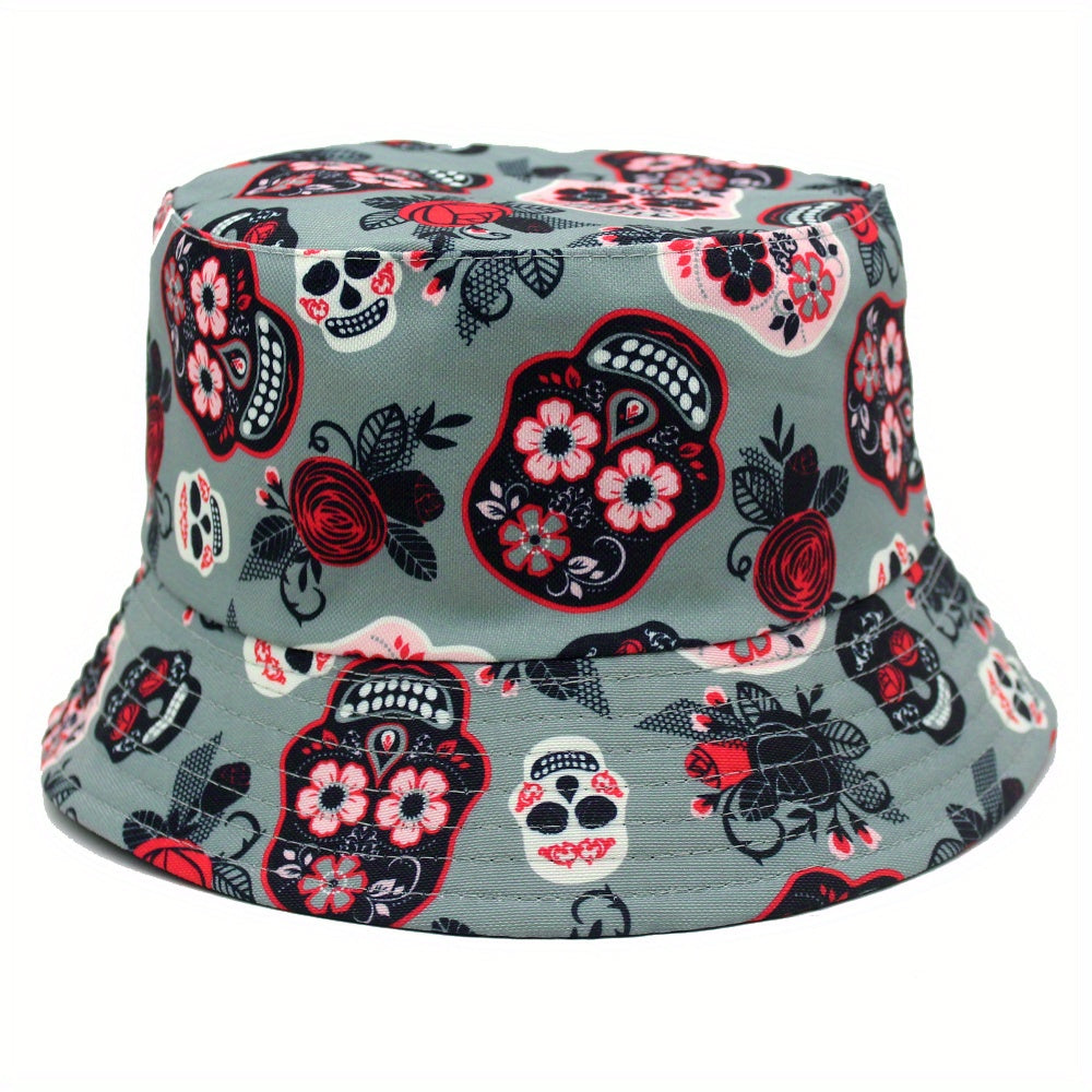 Skull Rose Flower Print Sunshade Bucket Hat for Men Women