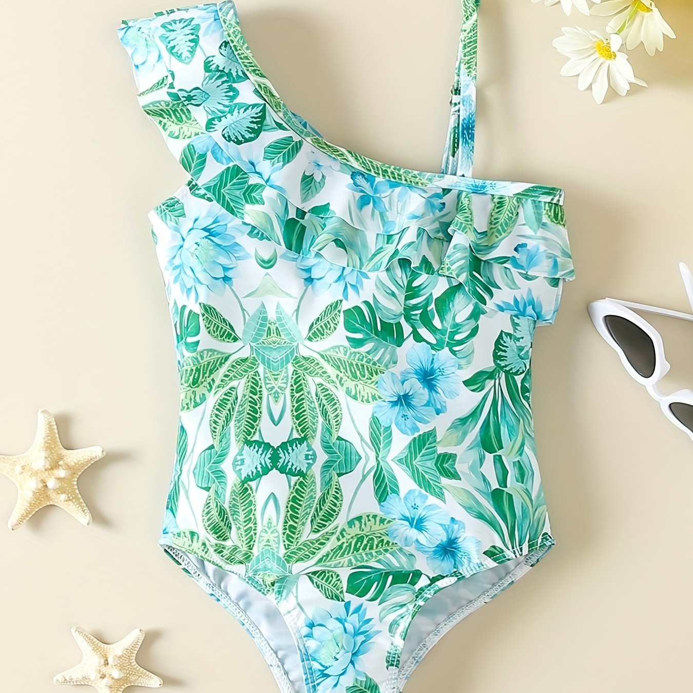 Girls' Green Floral One Shoulder Swimsuit with Ruffled Trim