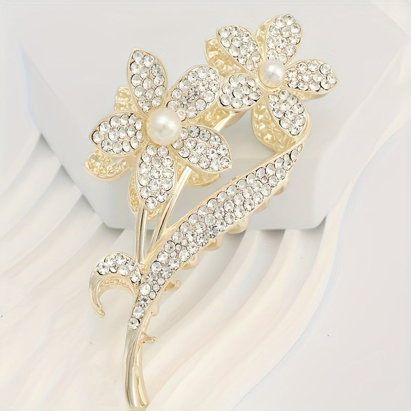 Girls Flower Hair Clip with Rhinestones & Faux Pearls