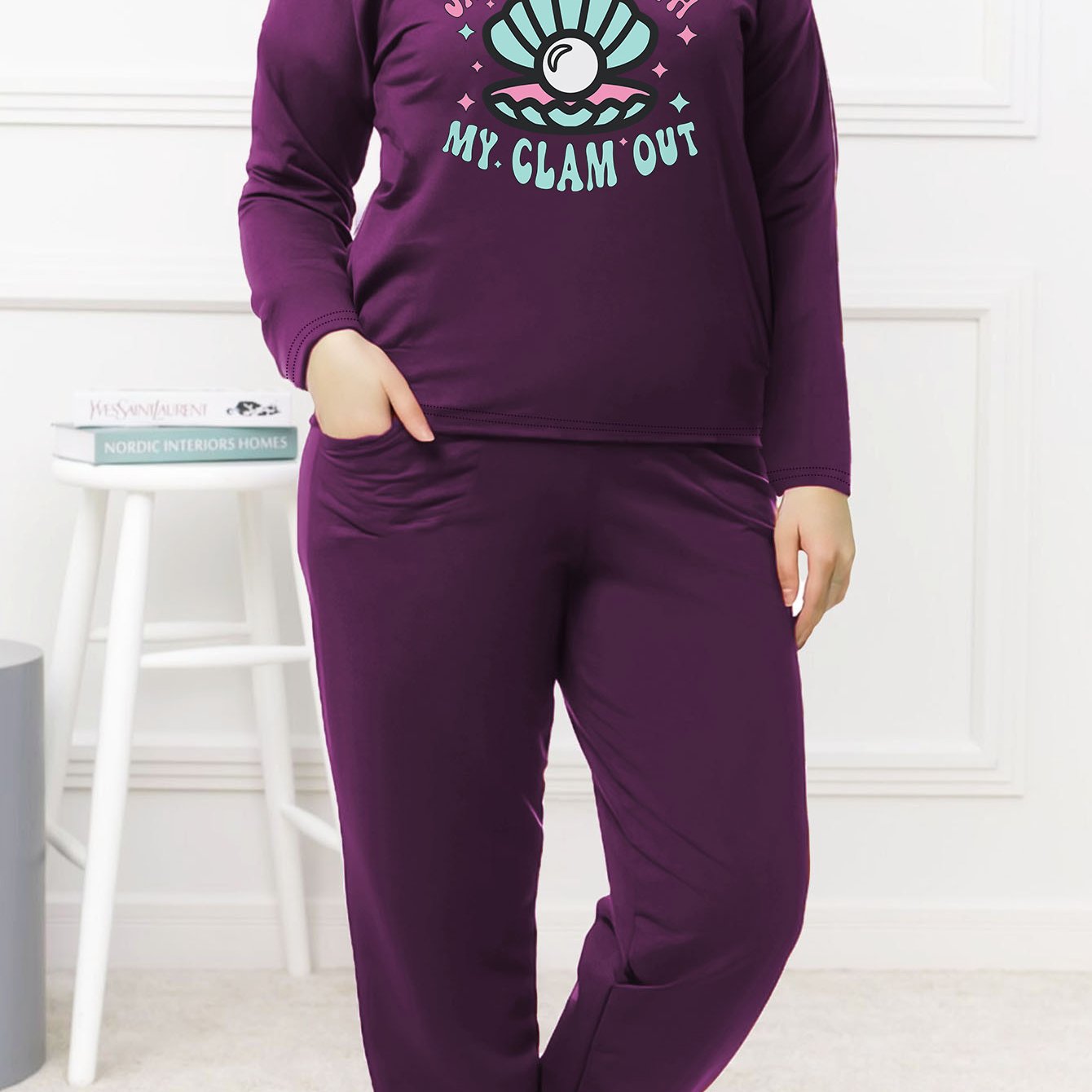 Casual Pajamas Set Women's Plus Pearl Shell & Slogan Print Long Sleeve