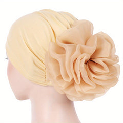 Satin Plate Flower Turban Cap Elastic Head Wrap Solid Ramadan Scarf for Women