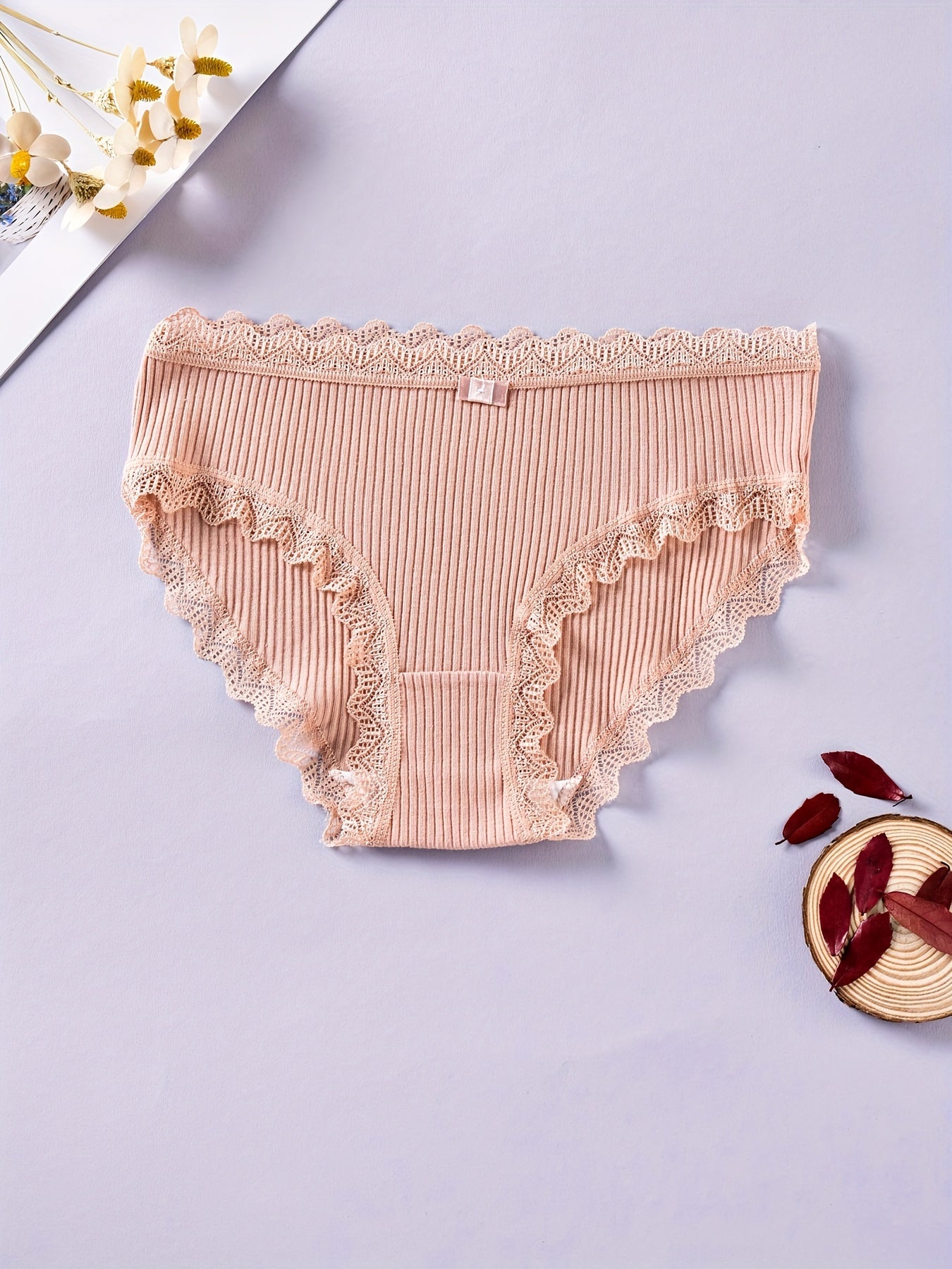 4pcs Lace Trim Ribbed Briefs Stretchy Intimates Panties