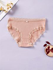 4pcs Lace Trim Ribbed Briefs Stretchy Intimates Panties