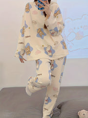 Bear Print Pajama Set Long Sleeve Crew Neck Top & Pants