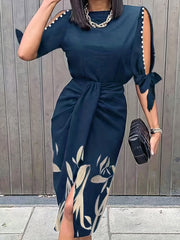 Floral Print Beaded Bodycon Dress with Cut Out Split
