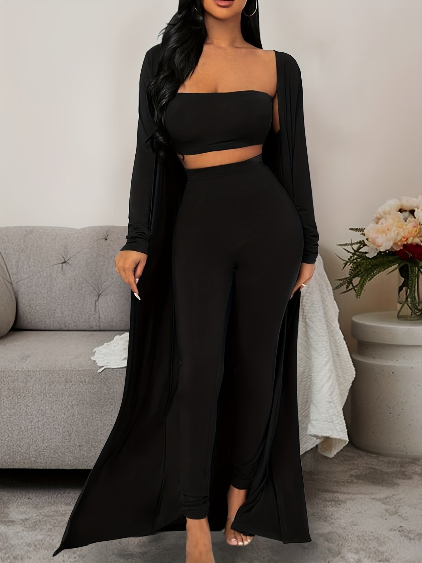 Women's Solid Lounge Set Long Sleeve Robe & Crop Top & Shorts