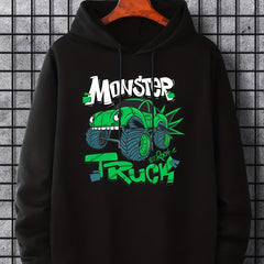 Men's Monster Truck Print Hoodie Casual Drawstring Hooded Sweatshirt