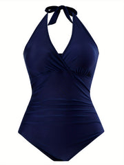 Solid Surplice Neck Halter One Piece Bathing Suit