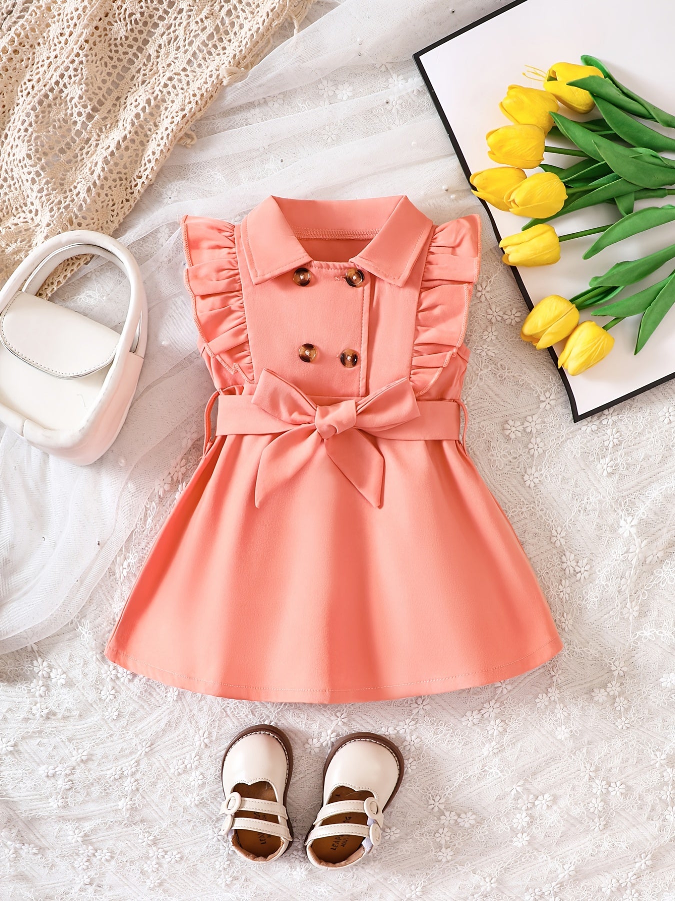 Baby Girls Casual Button Front Ruffle Trim Dress