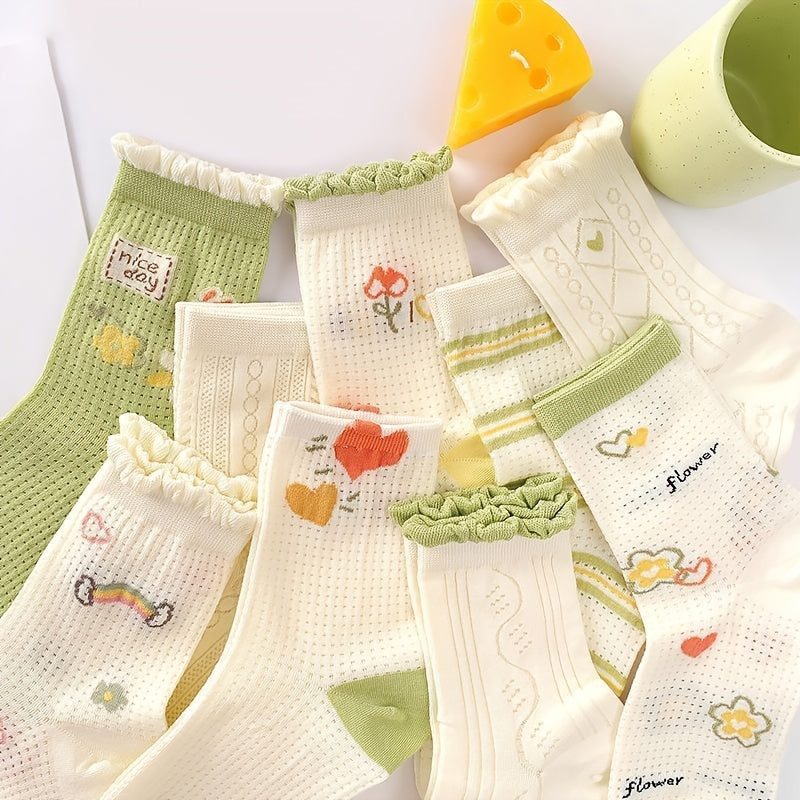 9 Pairs Cartoon Print Mesh Socks Women's Stockings