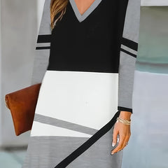 Geometric Print Long Sleeve V Neck Dress