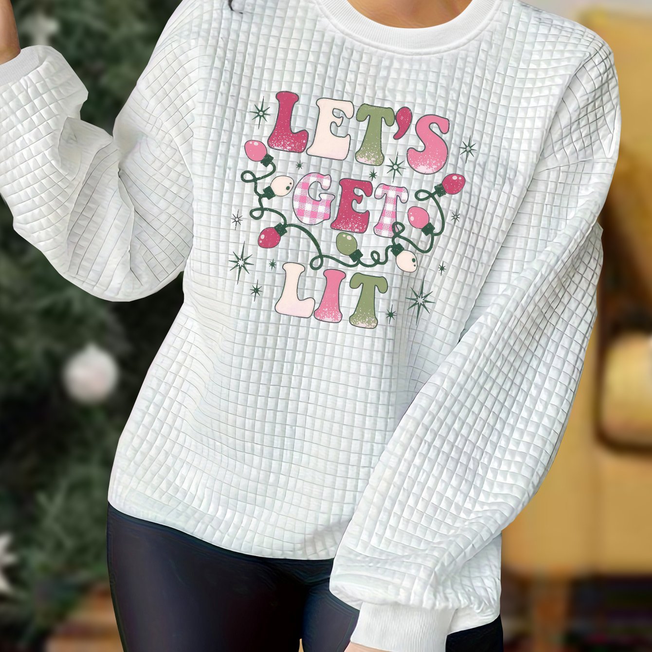 Women's Slogan Print Waffle Long Sleeve Pajama Top