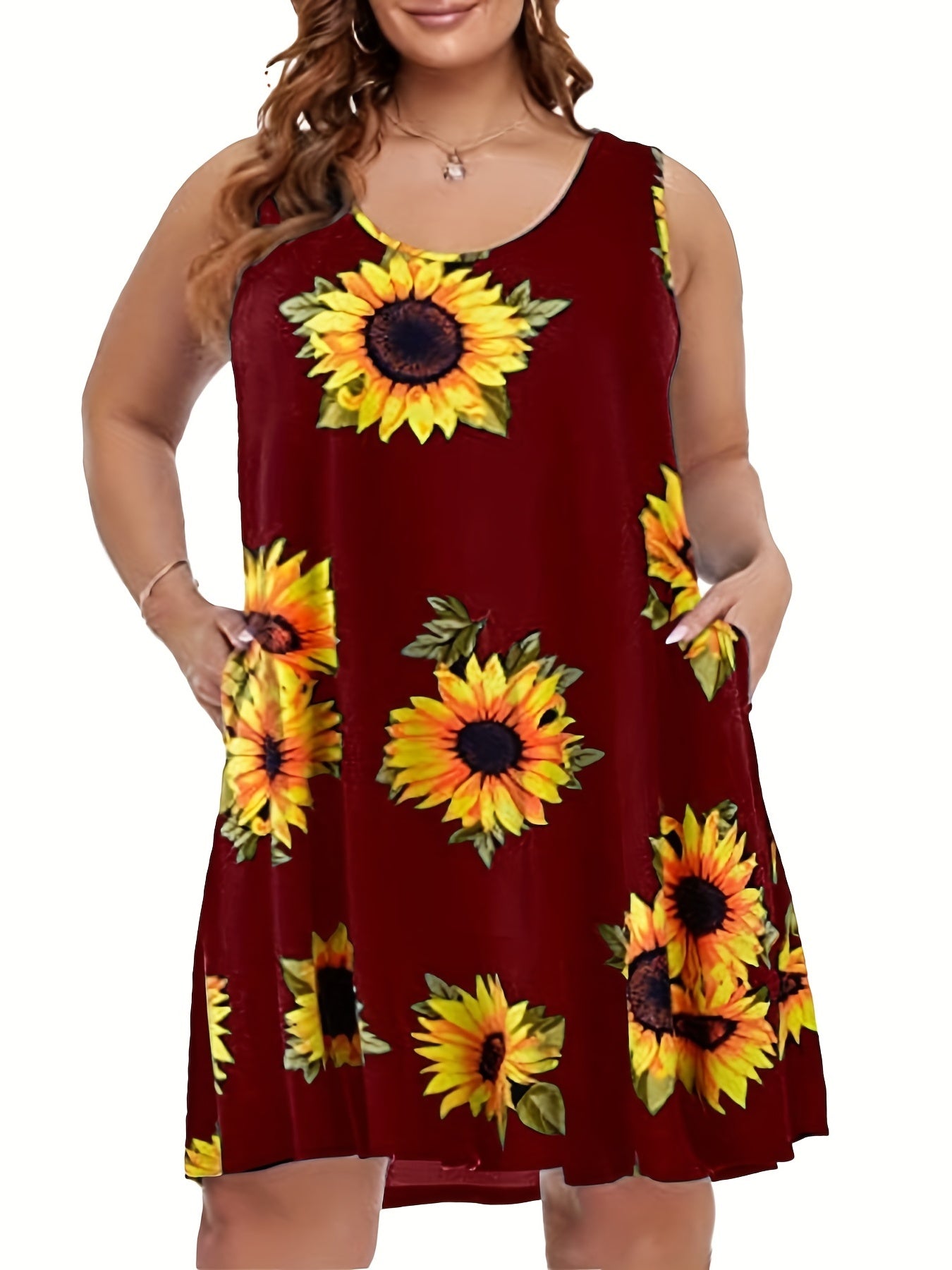 Sunflower Print Tank Dress With Pockets
