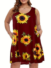 Sunflower Print Tank Dress With Pockets
