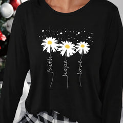 Floral Print Lounge Top Long Sleeve Crew Neck Women's Loungewear