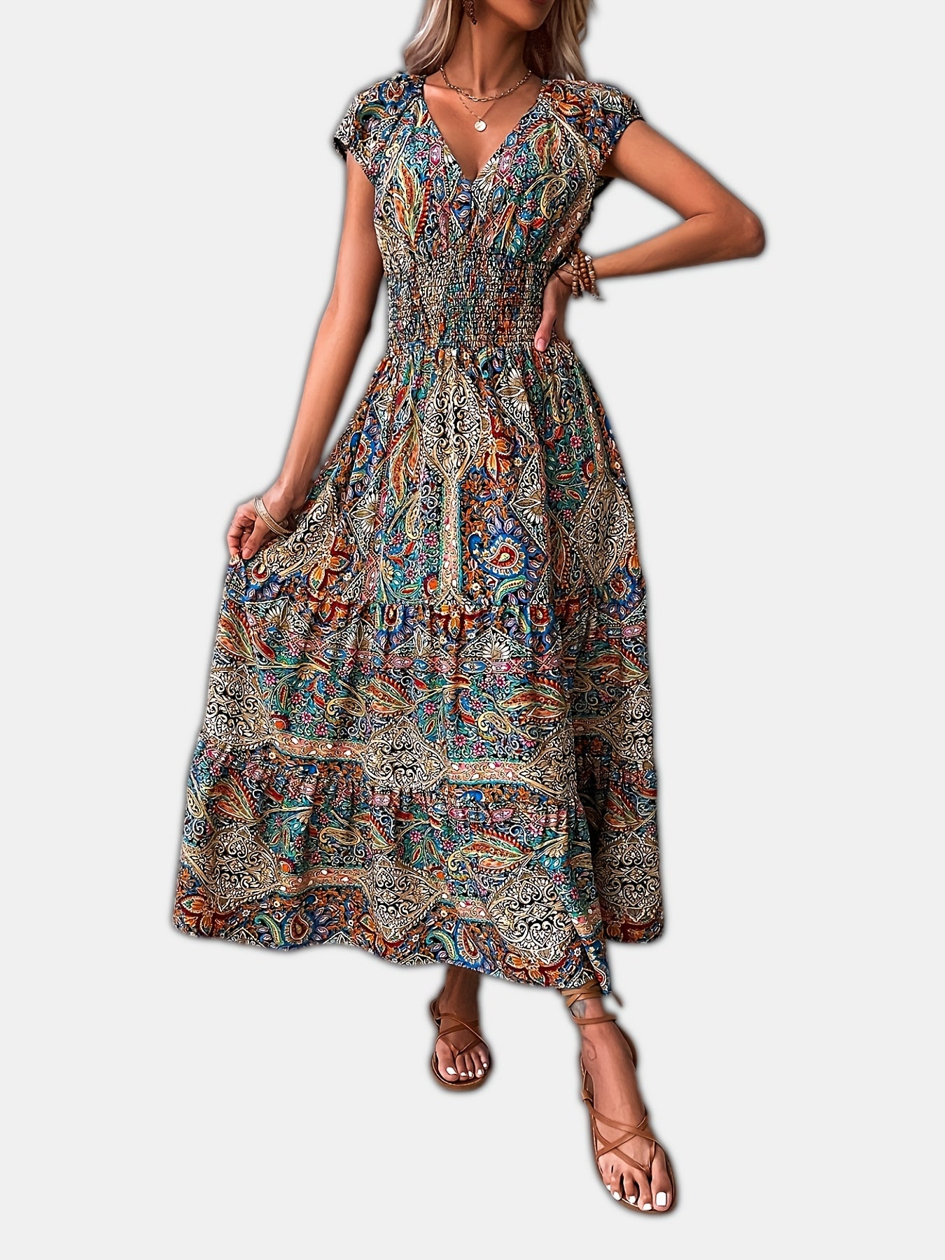 Paisley Print Boho Maxi Dress V Neck Short Sleeve