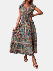 Paisley Print Boho Maxi Dress V Neck Short Sleeve