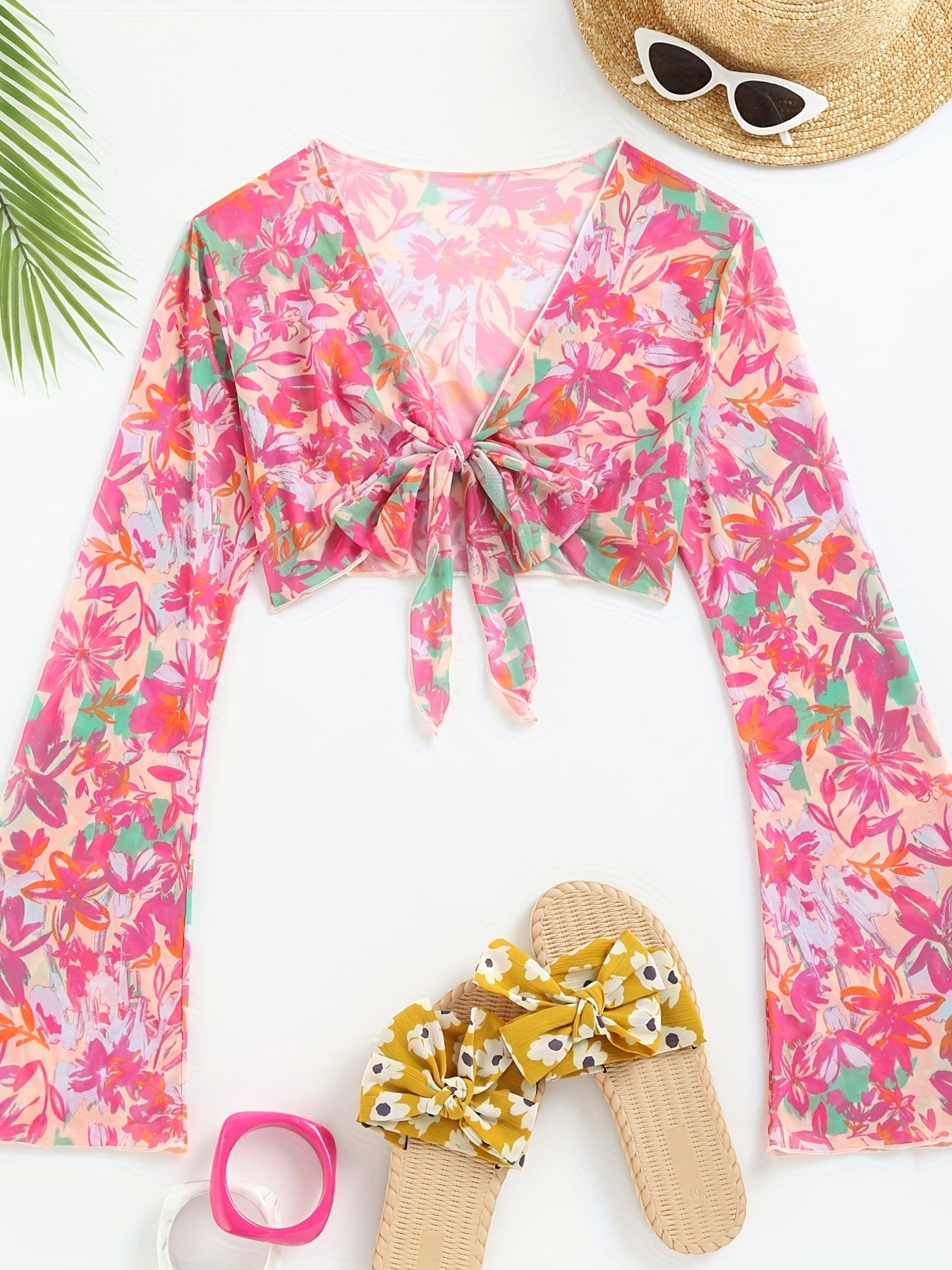 Floral Print Bell Sleeve Cover Up V Neck Stretchy Crop Beach Sun Protection