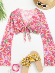Floral Print Bell Sleeve Cover Up V Neck Stretchy Crop Beach Sun Protection