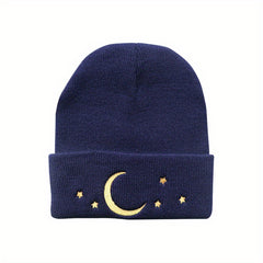 Moon Star Embroidery Beanie Hip Hop Knitted Hat Ear Protection Winter Hat