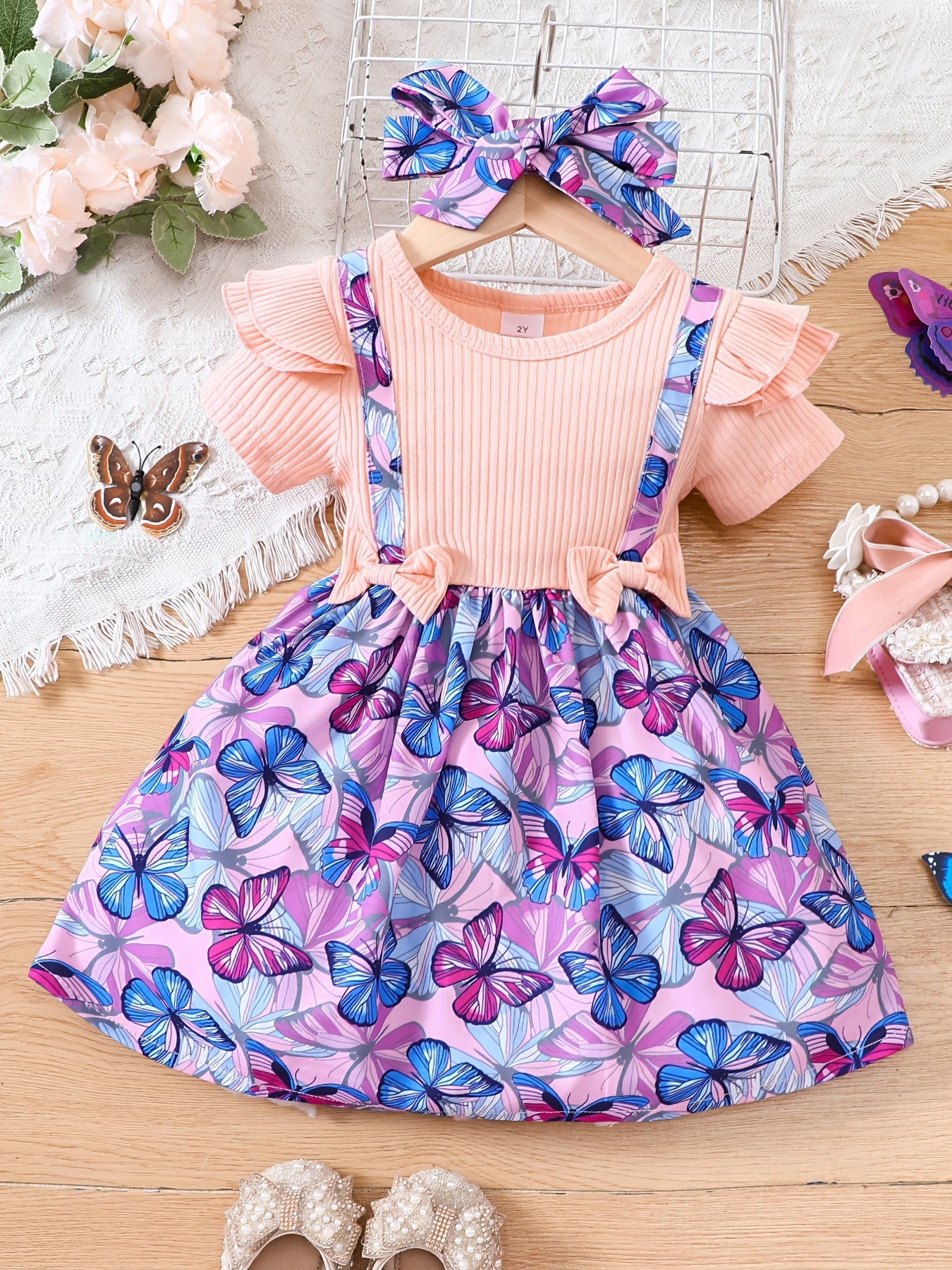 Toddler Girls Butterfly Graphic Suspenders Spliced Princess Dress