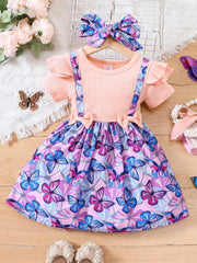 Toddler Girls Butterfly Graphic Suspenders Spliced Princess Dress