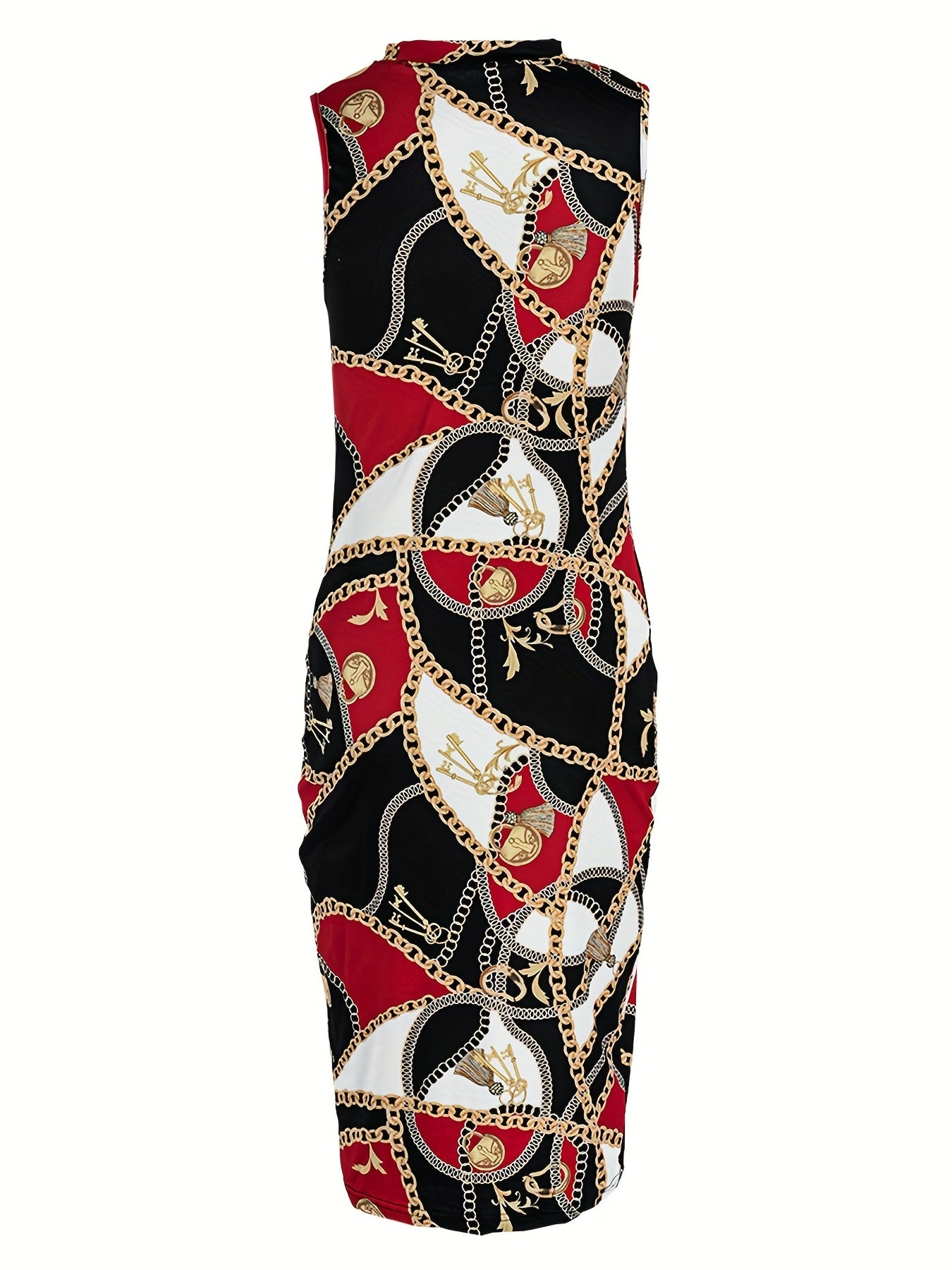 Colorblock Chain Print Mock Neck Slim Fit Dress