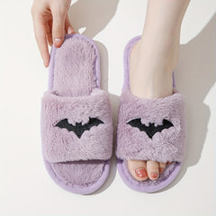 Purple Halloween Bat Embroidery Slippers Plush Lined Shoes