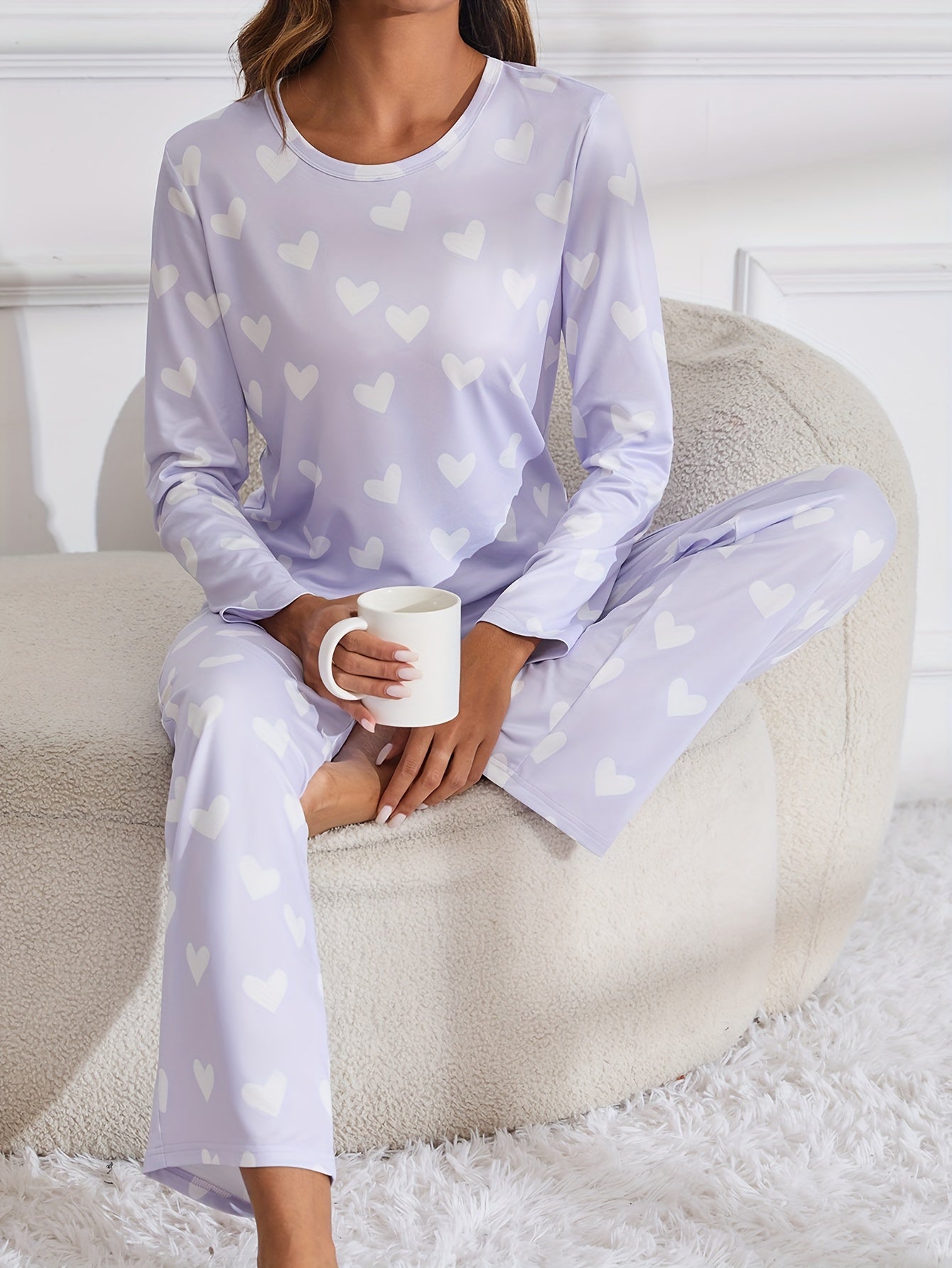 Heart Print Pajama Set Long Sleeve Top & Pants Women's Sleepwear