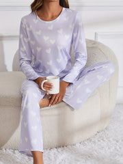 Heart Print Pajama Set Long Sleeve Top & Pants Women's Sleepwear