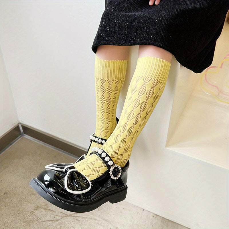 Girls Cotton Blend Argyle Pattern Knee High Stockings Mid Tube Straight Socks
