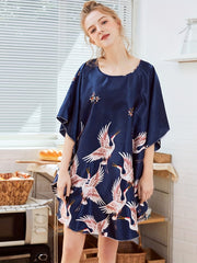 Crane Print Satin NightDress Batwing Sleeve Crew Neck Loose Pajama Dress Women's