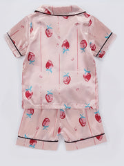 Girls 2 Piece Pajamas Strawberry Graphics Button Down Shirt & Shorts