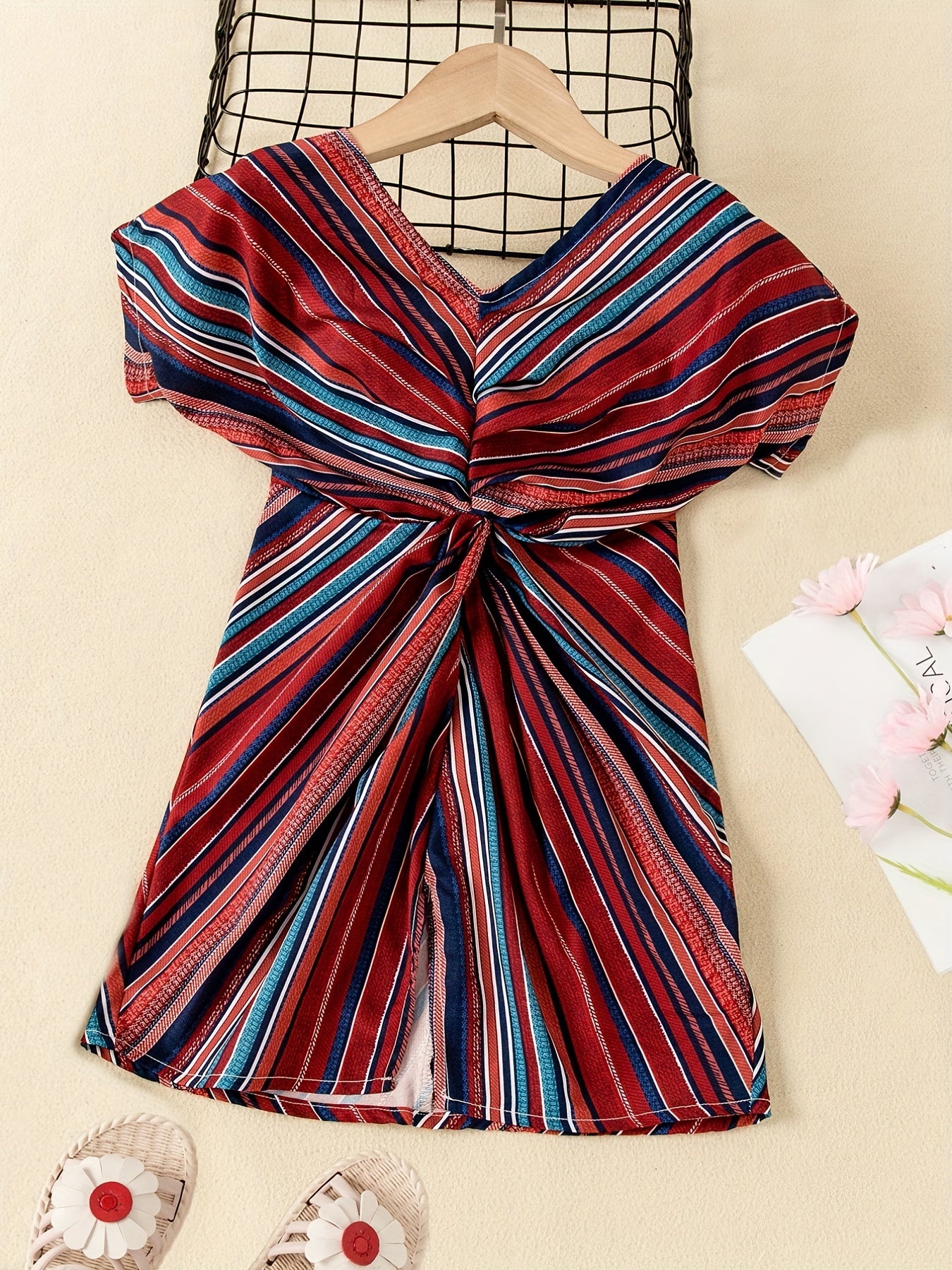Girls Bohemian Style Dress Short Sleeve Striped V-neck Dress