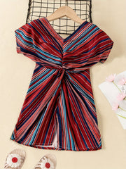 Girls Bohemian Style Dress Short Sleeve Striped V-neck Dress