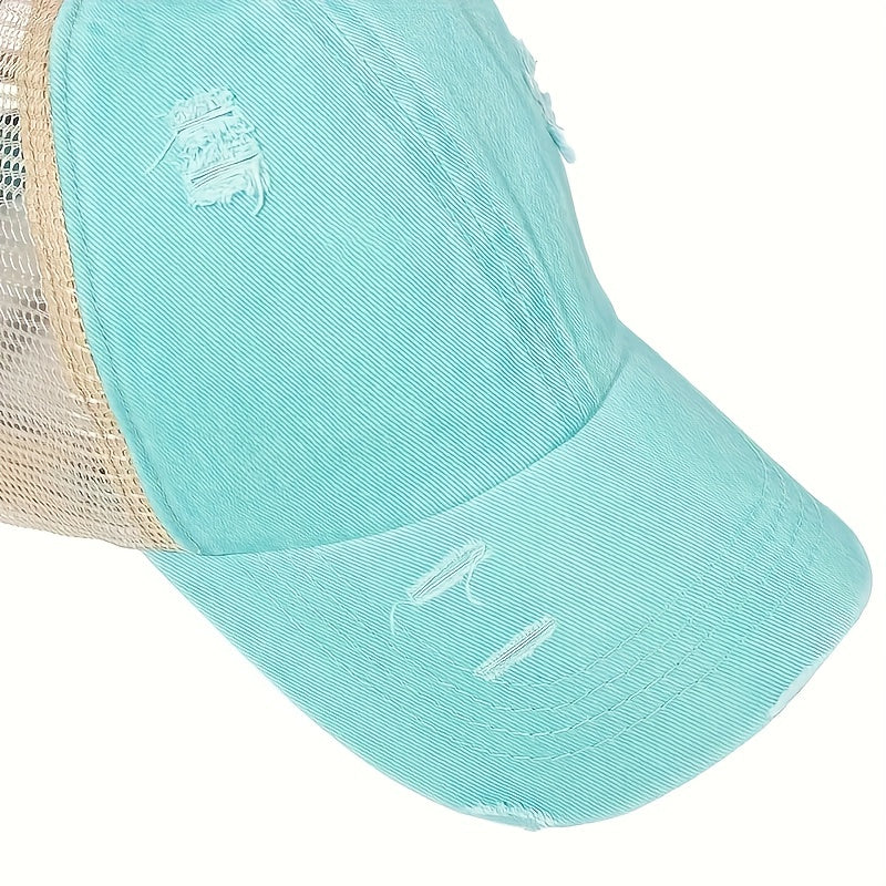 Classic Ponytail Trucker Hat Washed Distressed Mesh Baseball Cap Vintage Ripped