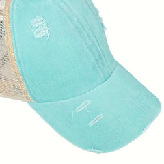 Classic Ponytail Trucker Hat Washed Distressed Mesh Baseball Cap Vintage Ripped