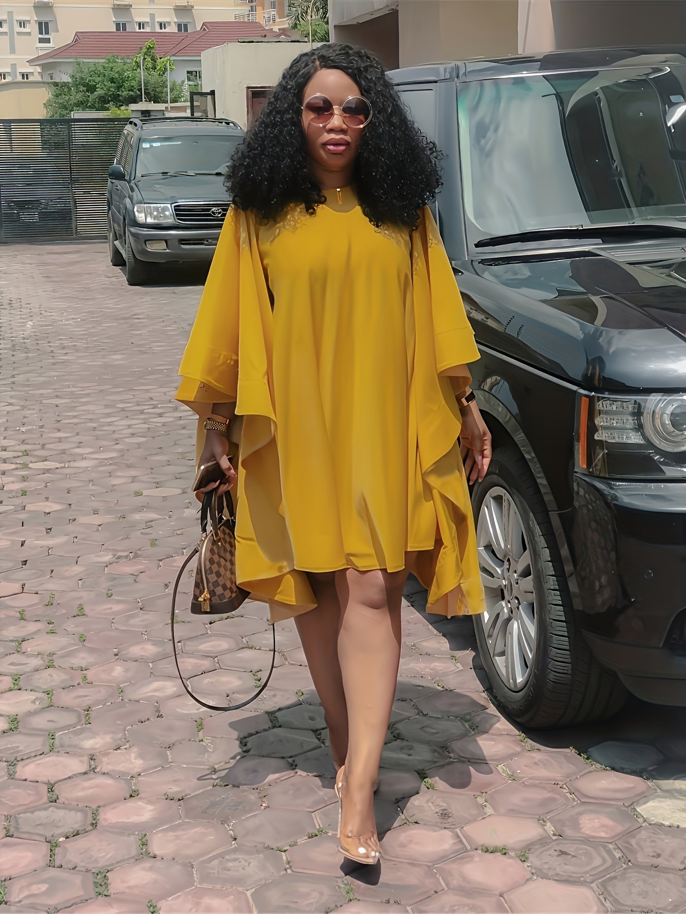 Solid Batwing Sleeve Oversized Asymmetrical Midi Dress
