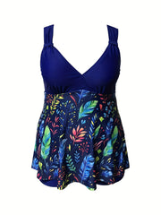 Vacay Tankini Set Women's Plus Tropical Print Ruched Top & Shorts
