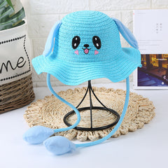 Rabbit Straw Hat for Girls Sun Protection with Moving Ears