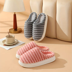 Women's Stripe Pattern Fuzzy Slippers Plush Lined Indoor Shoes