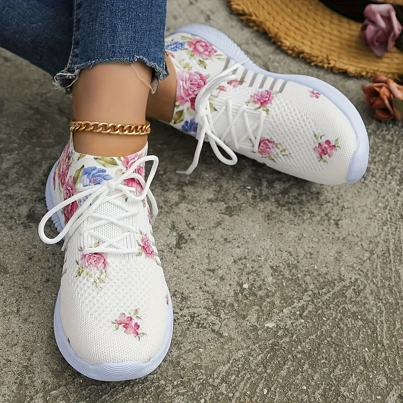 Women's Flower Pattern Sneakers Mesh Lace Up Outdoor Shoes