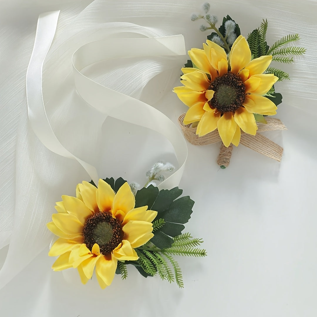 Sunflower & Greenery Wristlet Bouquet Set - Vibrant Yellow Sunflowers