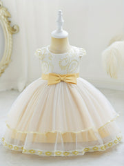 Girls Floral Embroidered Bow Princess Dress Kids Birthday Banquet Mesh Gown
