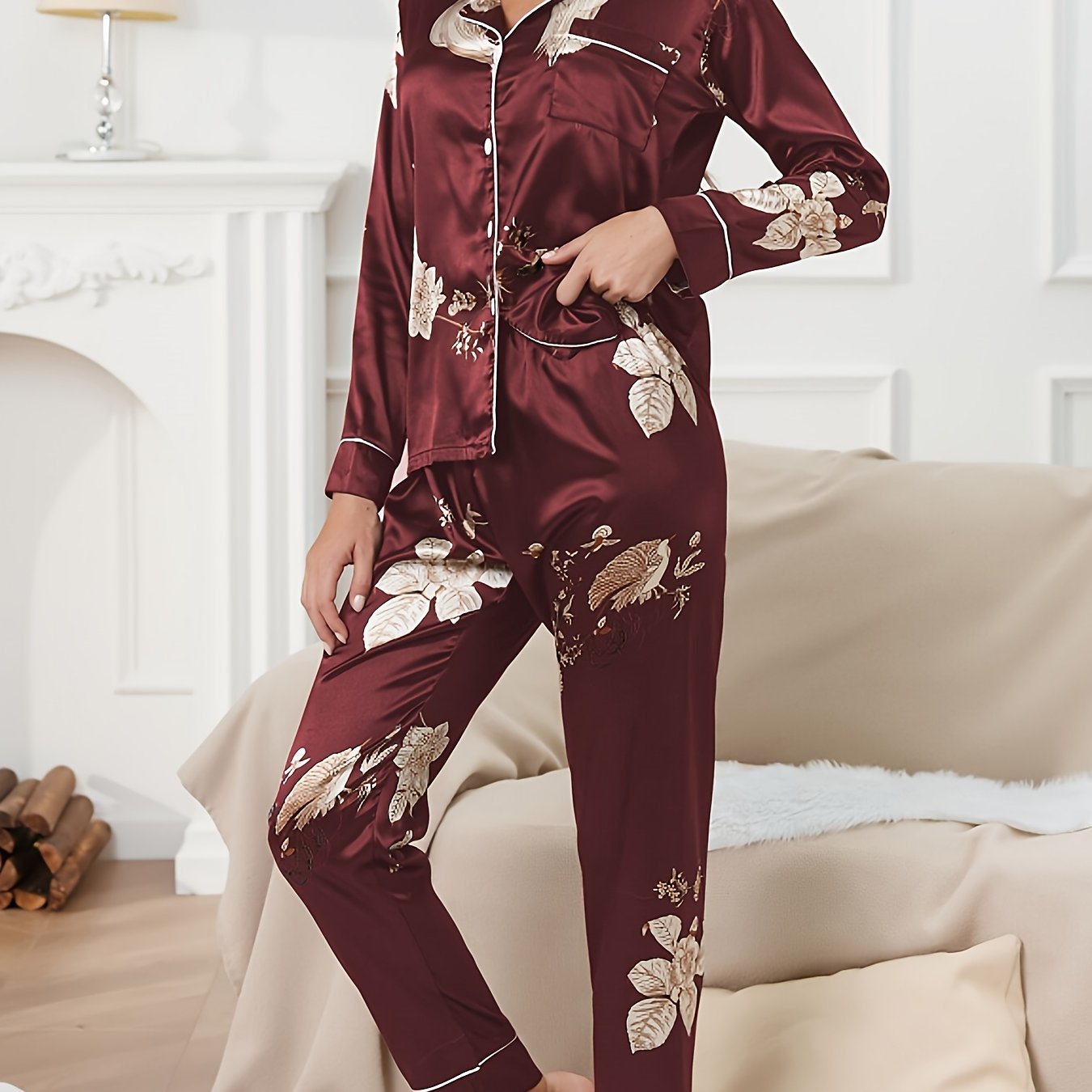 Floral Pajama Set Long Sleeve Top & Pants