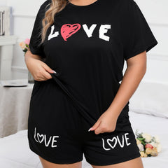 Women's Pajama Set Letter & Heart Print T Shirt & Shorts L