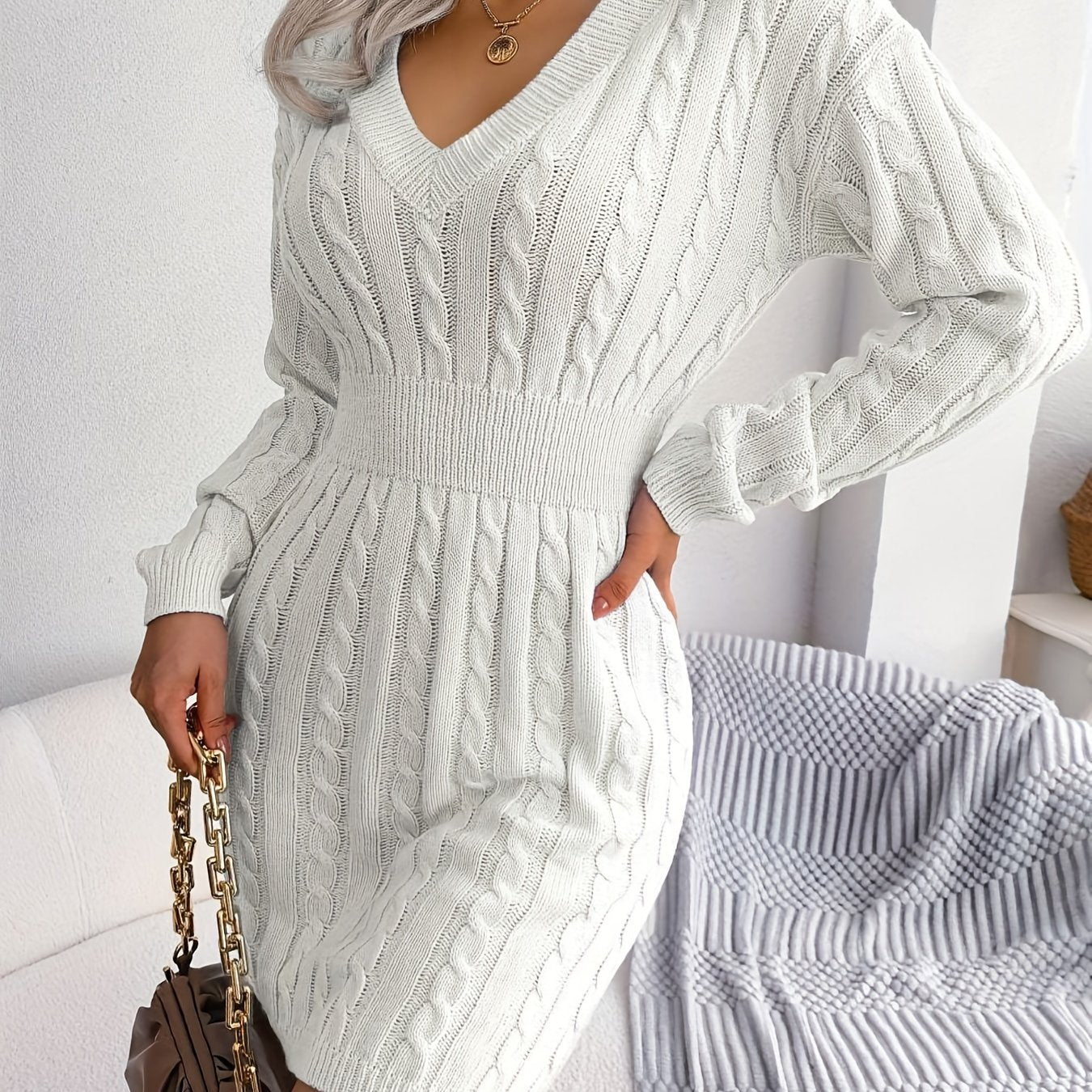 Solid Long Sleeve V Neck Bodycon Midi Sweater Dress